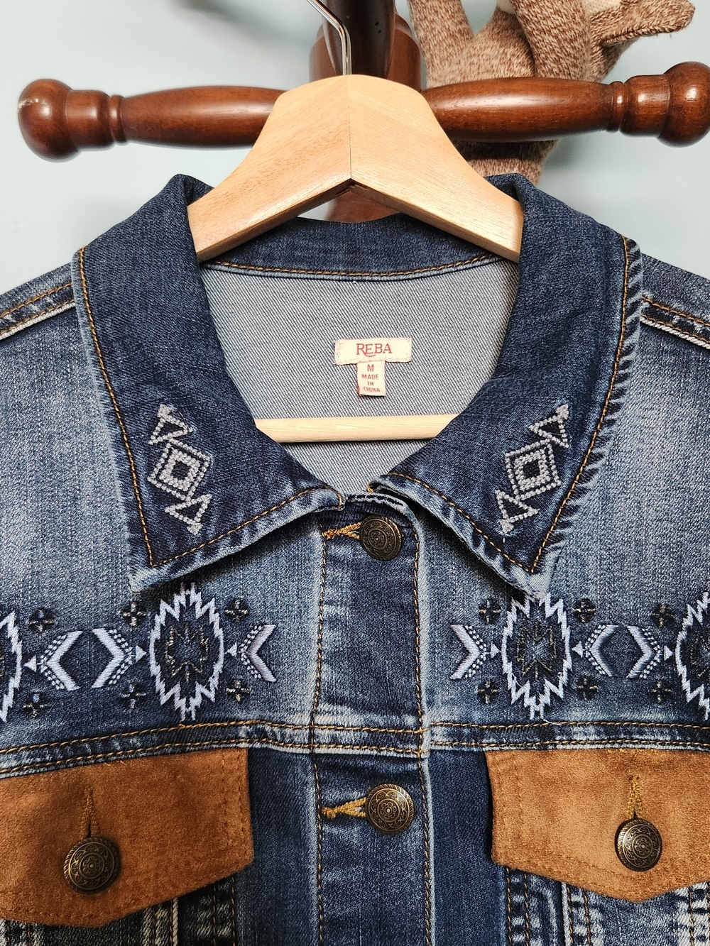 Reba Denim Jacket with Knit Sleeves - Blue & Brown - Picture 3 of 5